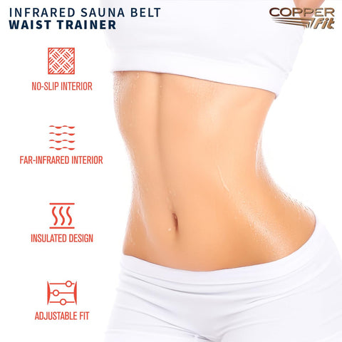 Model wearing Copper Fit belt to show waist compression and core support