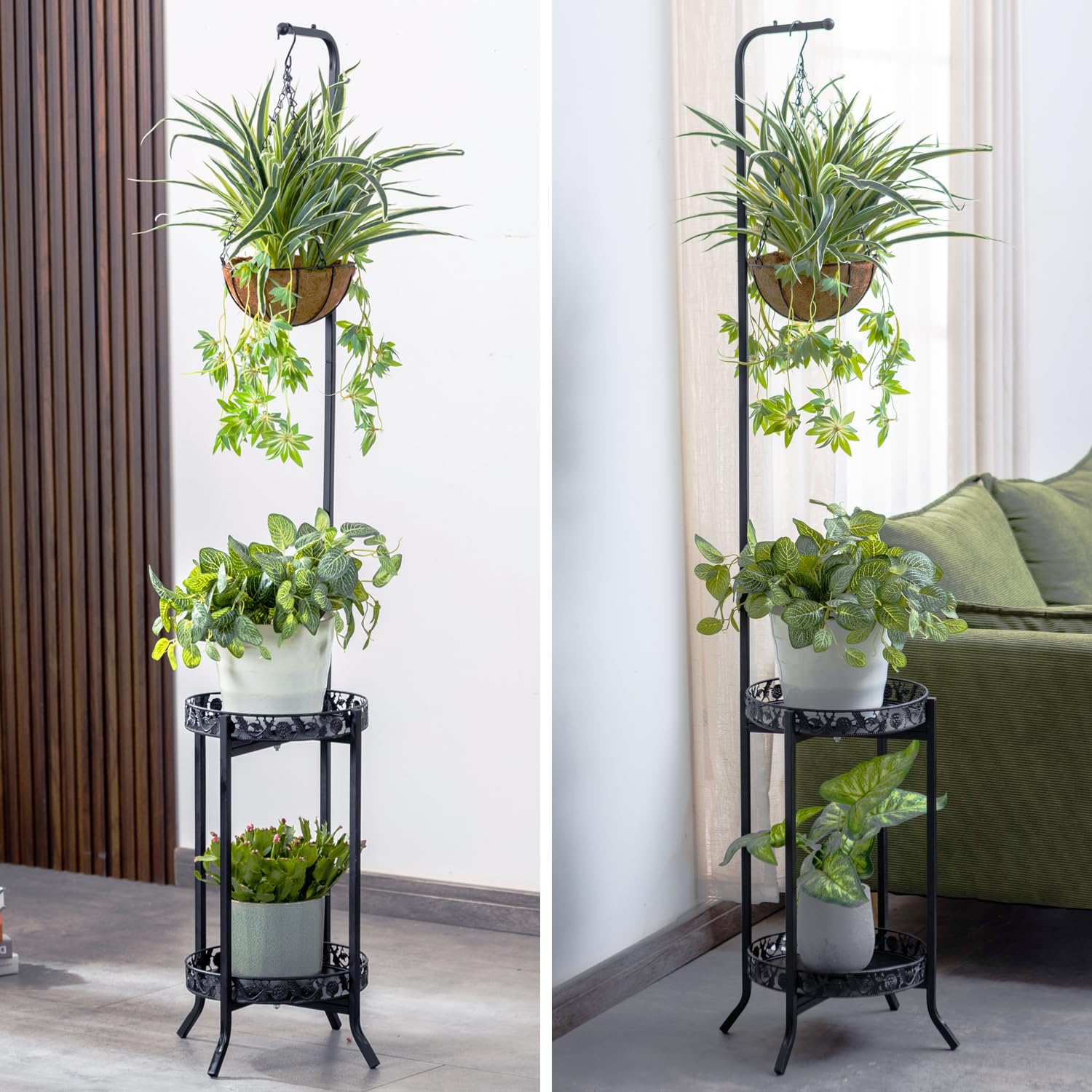 Copree 2-tier hanging plant stand sturdy iron frame holds two pots securely