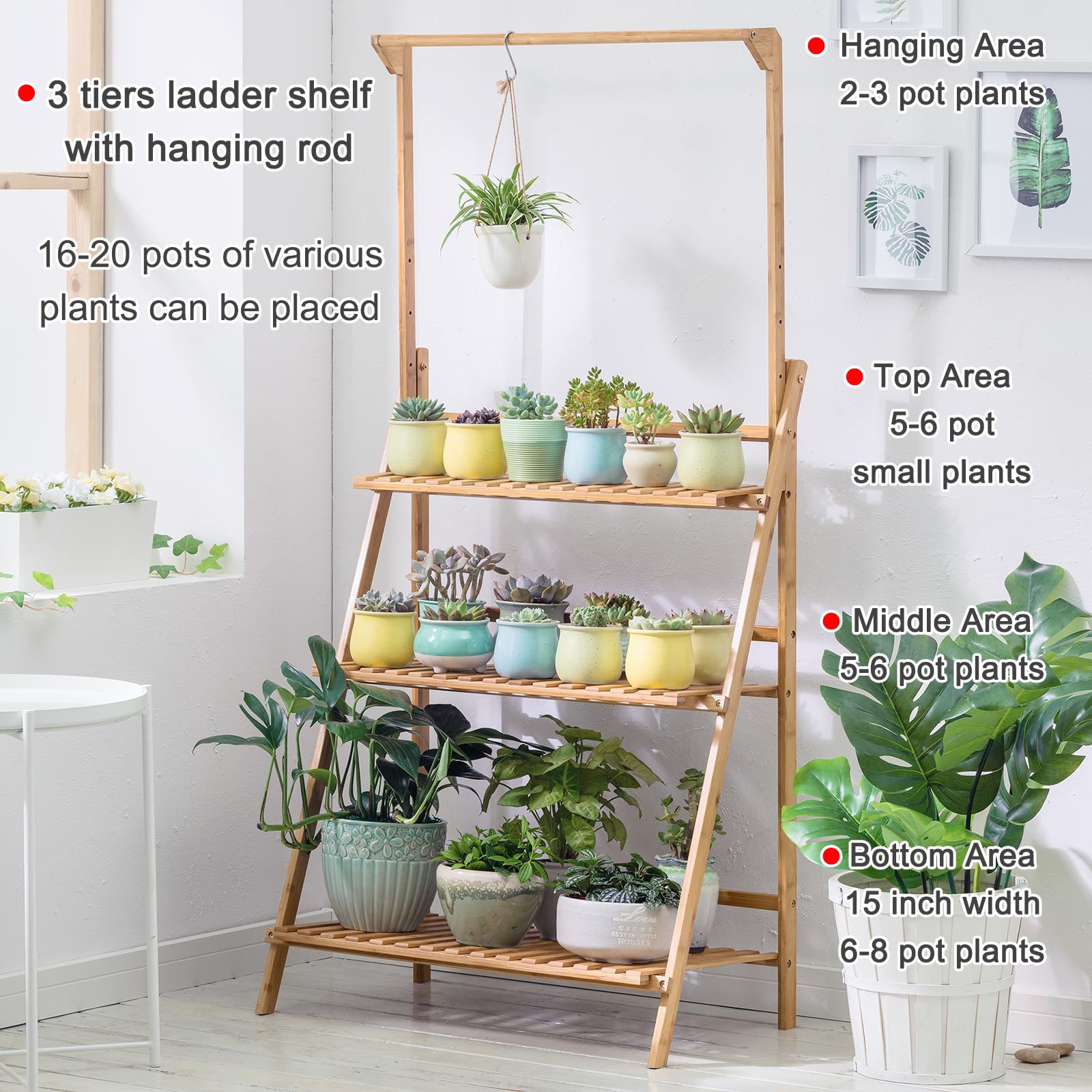 COPREE Bamboo 3-Tier Stand side view emphasizes sturdy frame and adjustable shelf spacing.