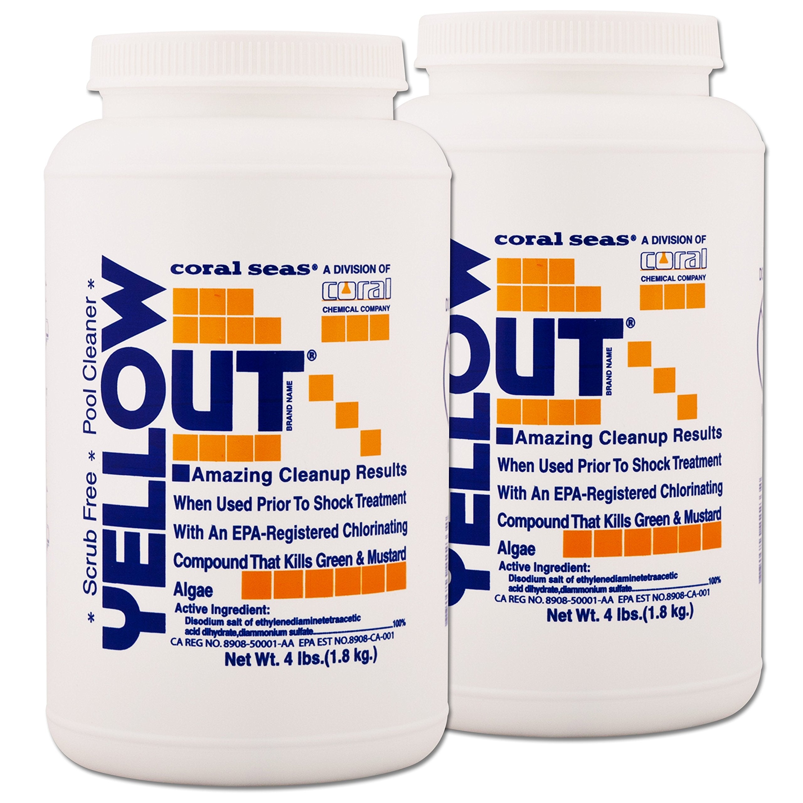 Coral Seas Yellow Out pool chlorine shock in two 4-lb bags for fast algae control.