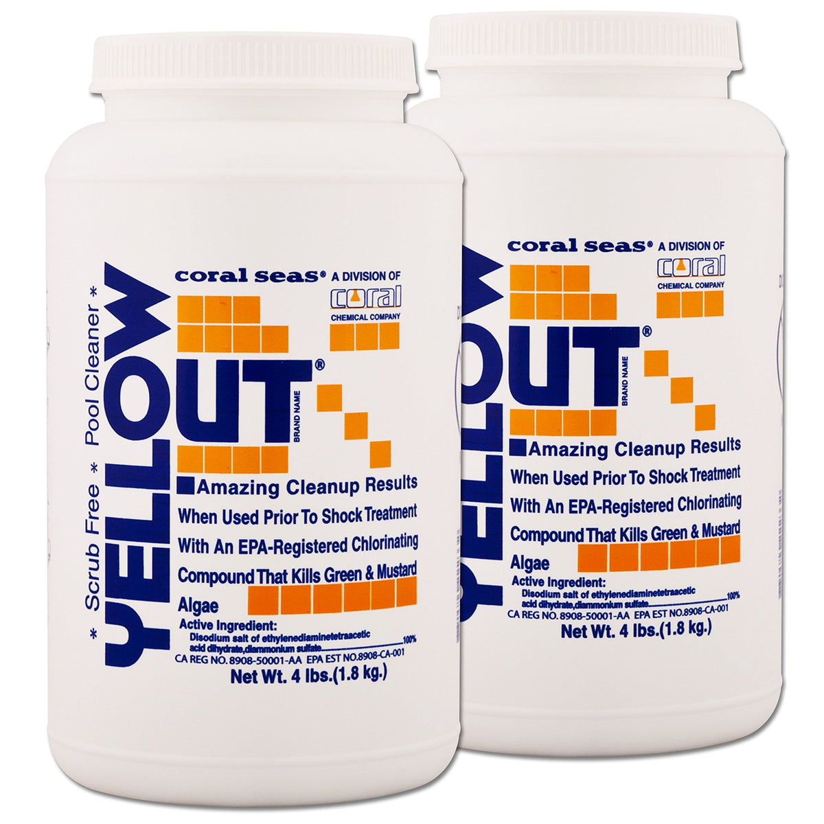 Coral Seas Yellow Out pool chlorine shock in two 4-lb bags for fast algae control.