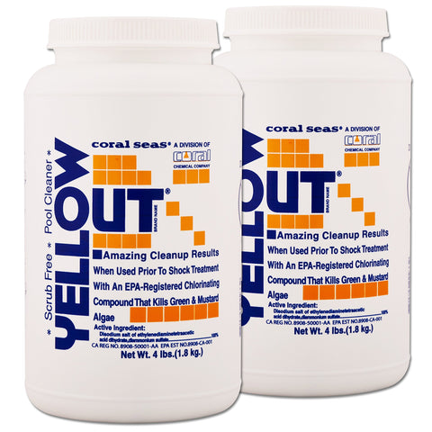 Coral Seas Yellow Out pool chlorine shock in two 4-lb bags for fast algae control.