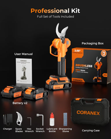 Coranex pruning shears full kit includes batteries, charger, blades, tools, and carrying case.