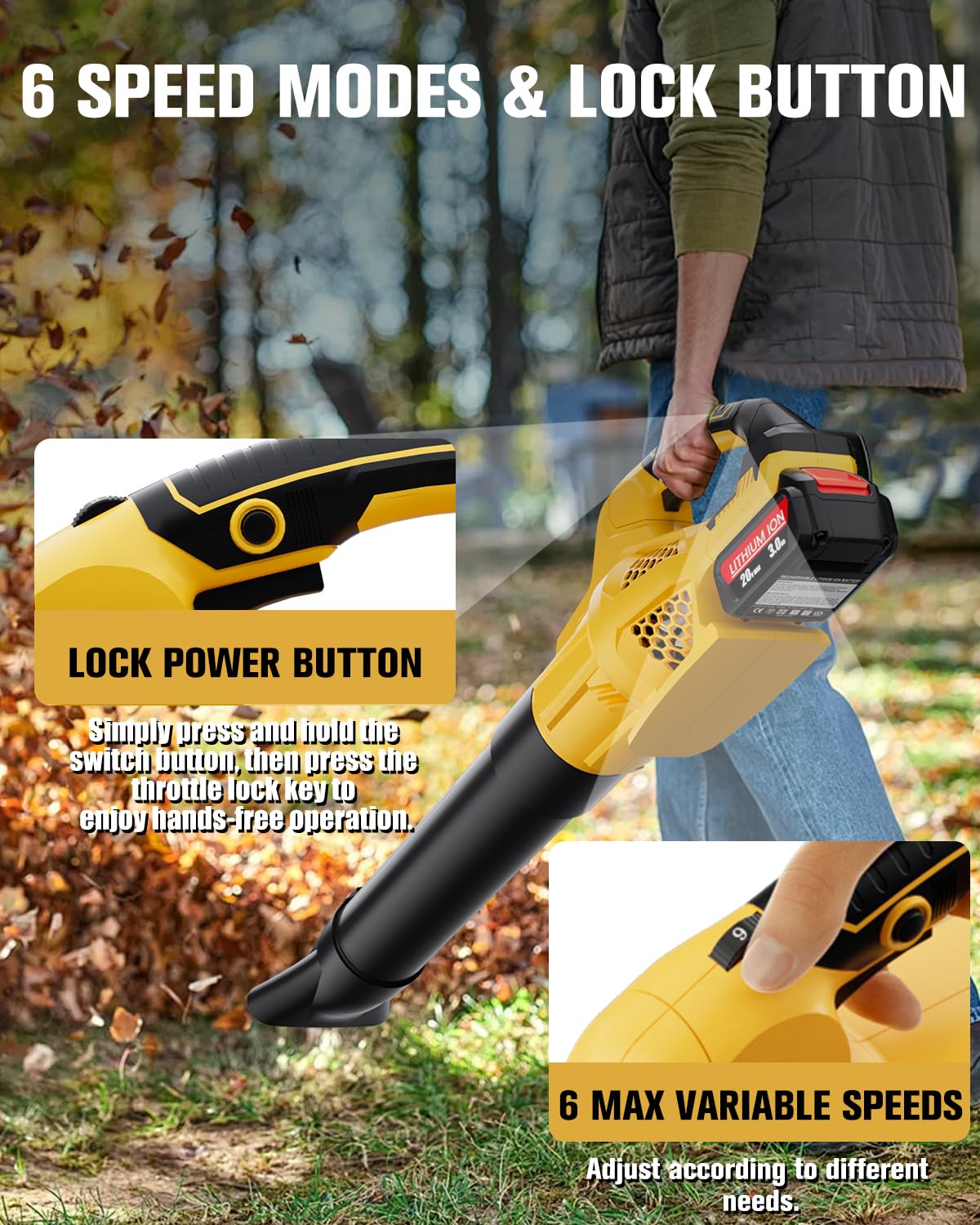 Six-speed level control offers precise airflow for tasks.