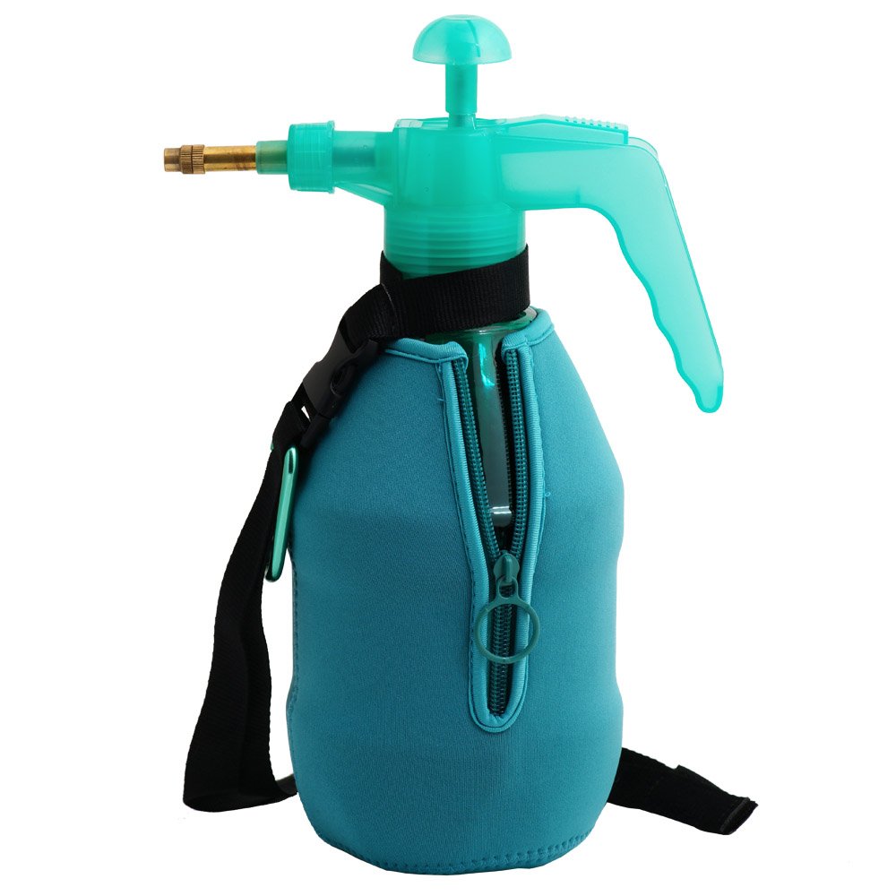 Teal neoprene sleeve preserves cold water longer at outdoor events.