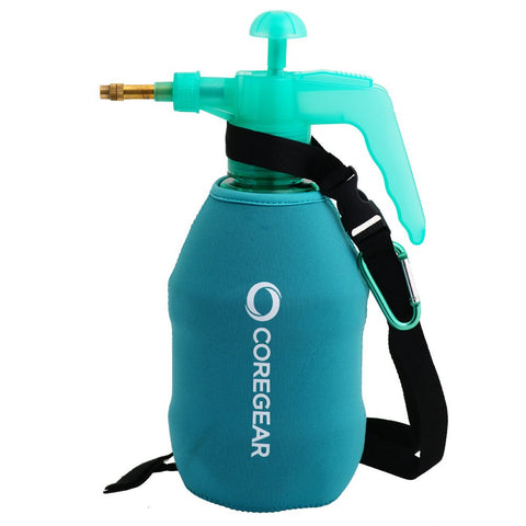 CoreGear Ultra Cool XL misting bottle with teal neoprene sleeve cools you on hot days.