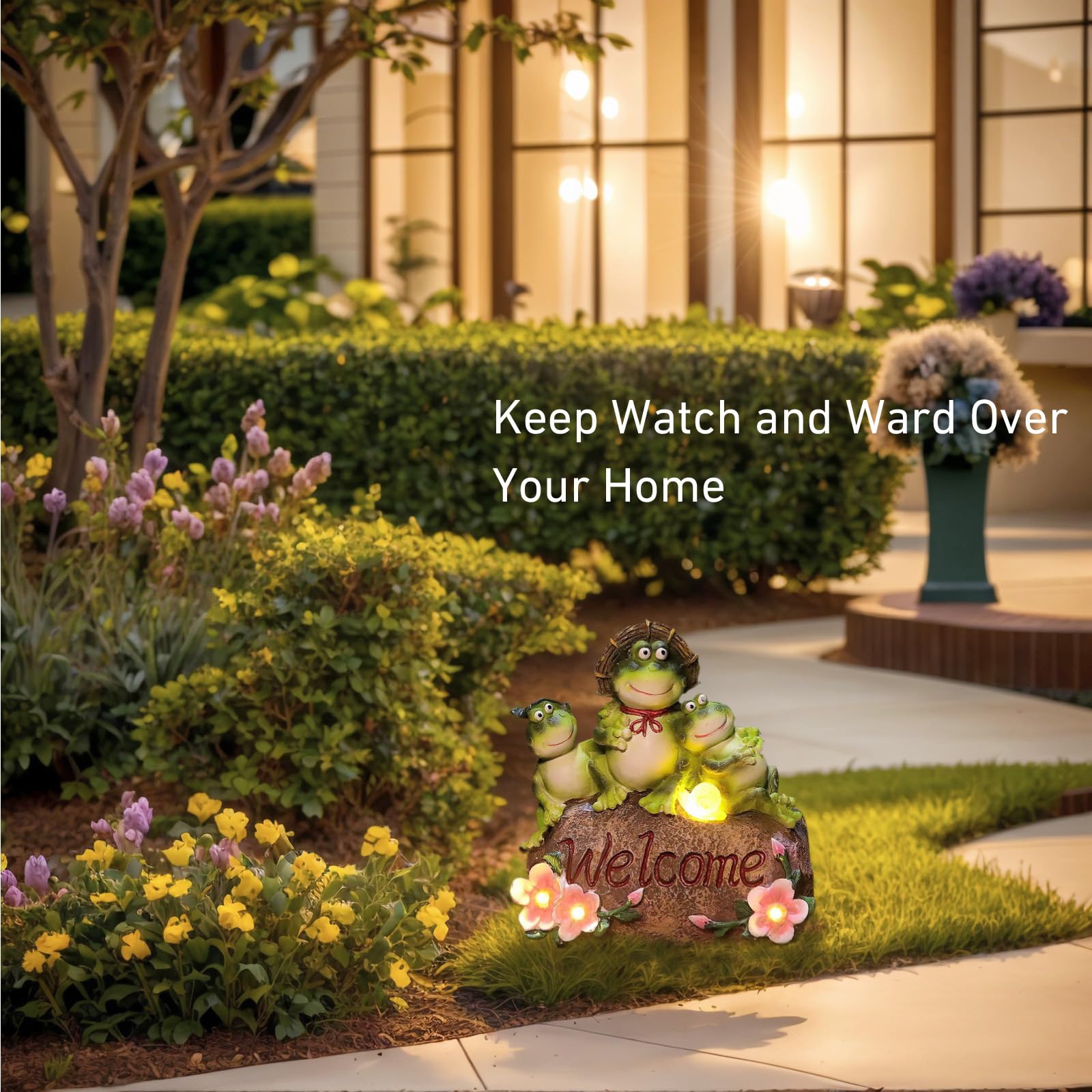 CORIETTA sitting frog statue adds a playful focal point.