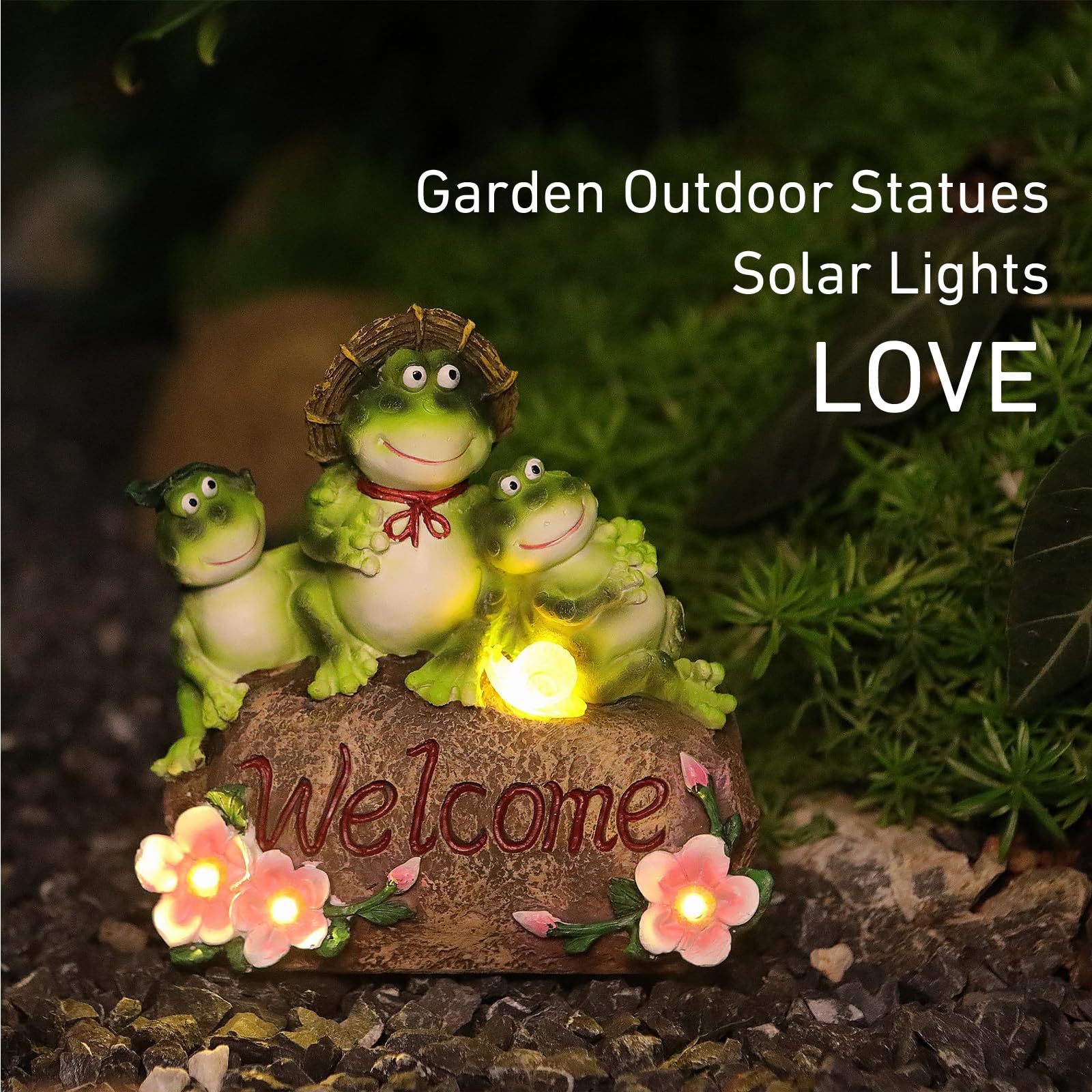 CORIETTA solar garden light frog statue illuminates paths after dark.