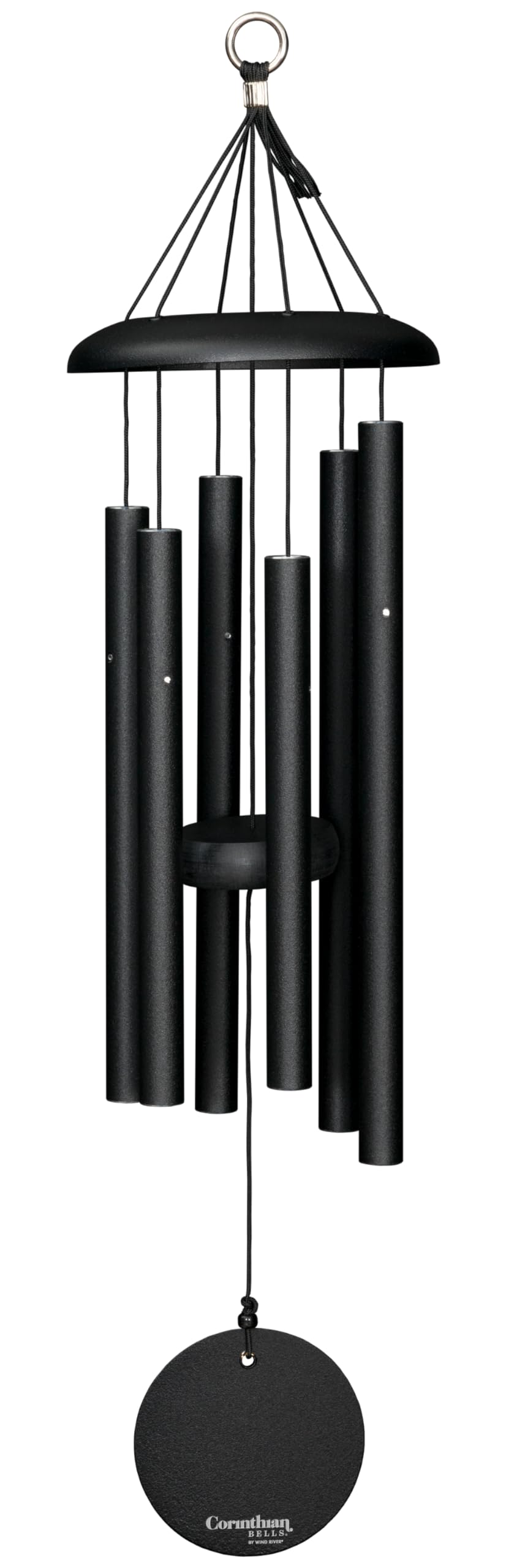 Corinthian Bells 27in black wind chime dome closeup, showcasing durable aluminum for outdoors.