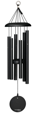 Corinthian Bells 27in black wind chime dome closeup, showcasing durable aluminum for outdoors.