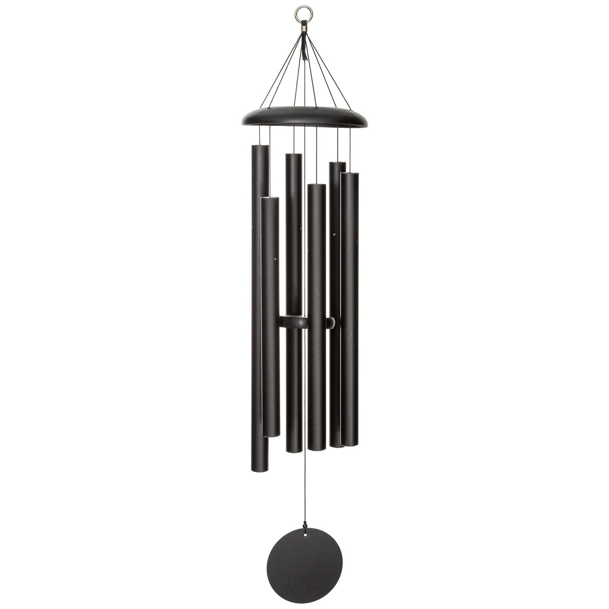 Corinthian Bells 44-inch black wind chime enhances outdoor decor and ambiance.