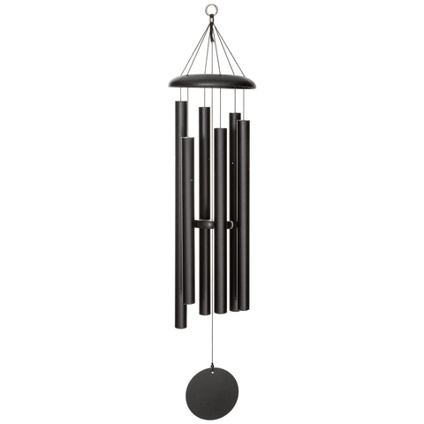 Corinthian Bells 44-inch black wind chime enhances outdoor decor and ambiance.