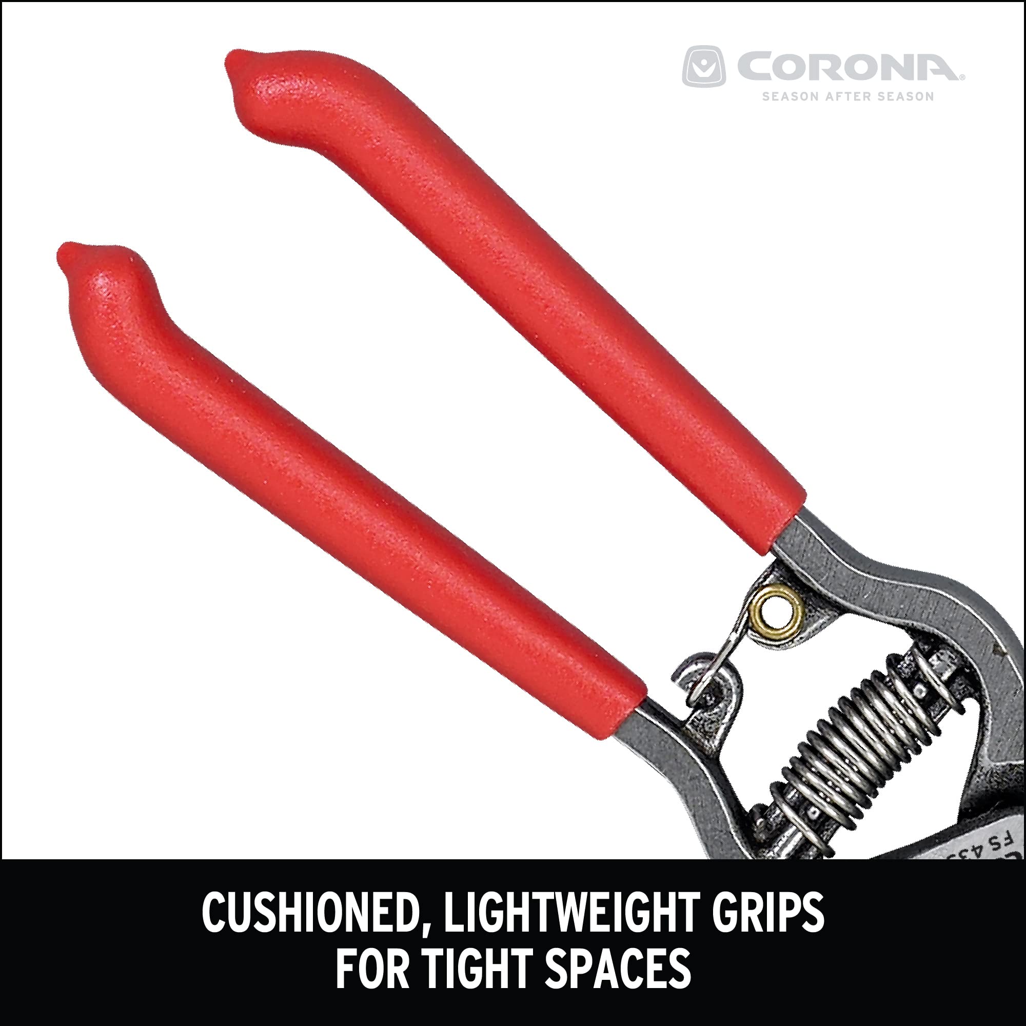 Corona FS-4350 thinning shears ergonomic grip supports extended pruning sessions.