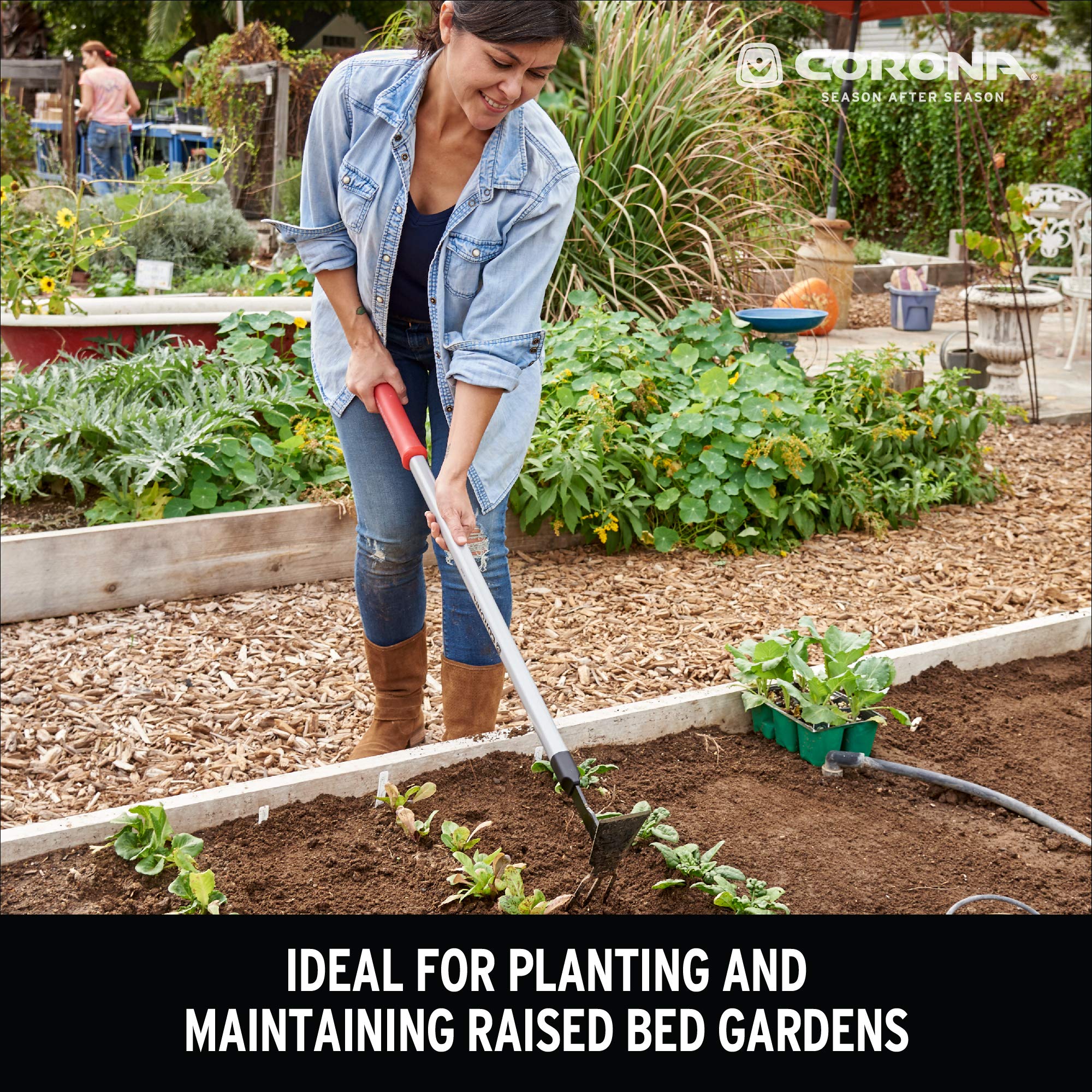 Corona GT3244 cultivator tines loosening soil and mixing compost