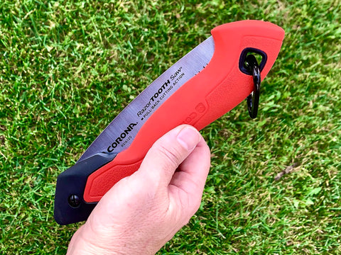 Corona RazorTOOTH in-action pruning from ground to limb with precise cuts