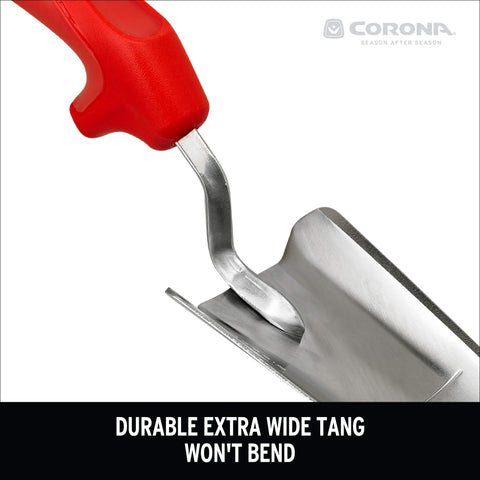 Corona Tools ComfortGEL trowel in soil during digging action for planting and transplanting.