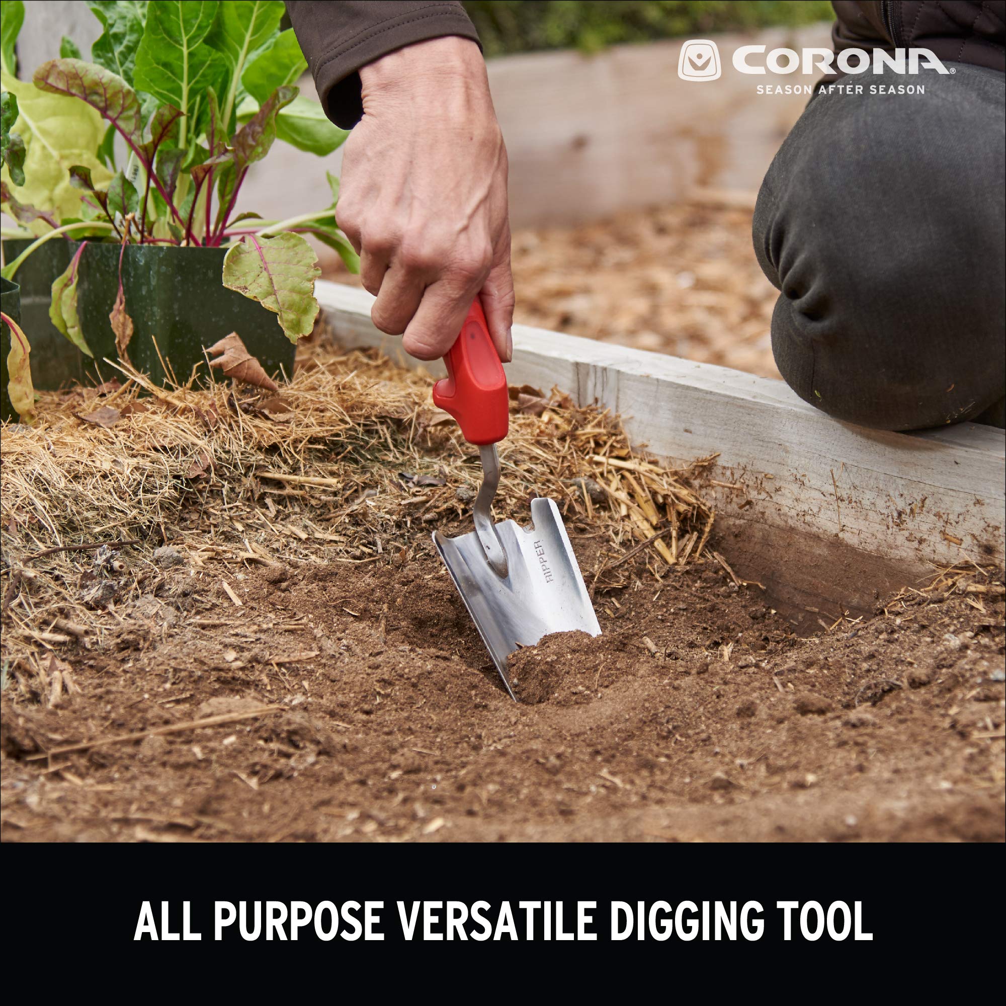 Corona Tools garden trowel resting in a prepared bed for routine maintenance.
