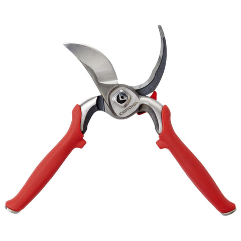 Corona Tools DualCUT pruner ergonomic red handles for comfortable pruning sessions.