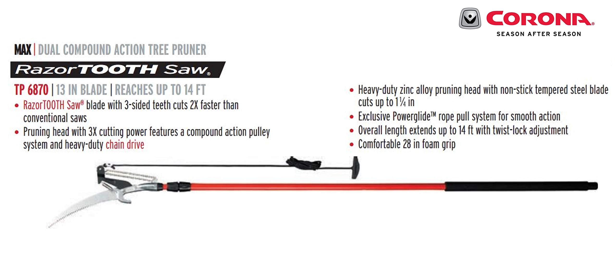 Corona TP 6870 MAX curved 13-inch saw blade enables versatile pruning.
