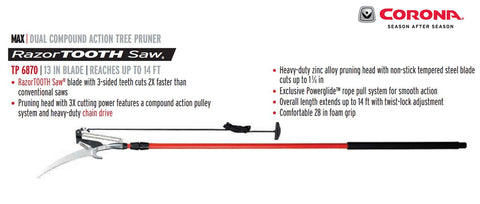 Corona TP 6870 MAX curved 13-inch saw blade enables versatile pruning.