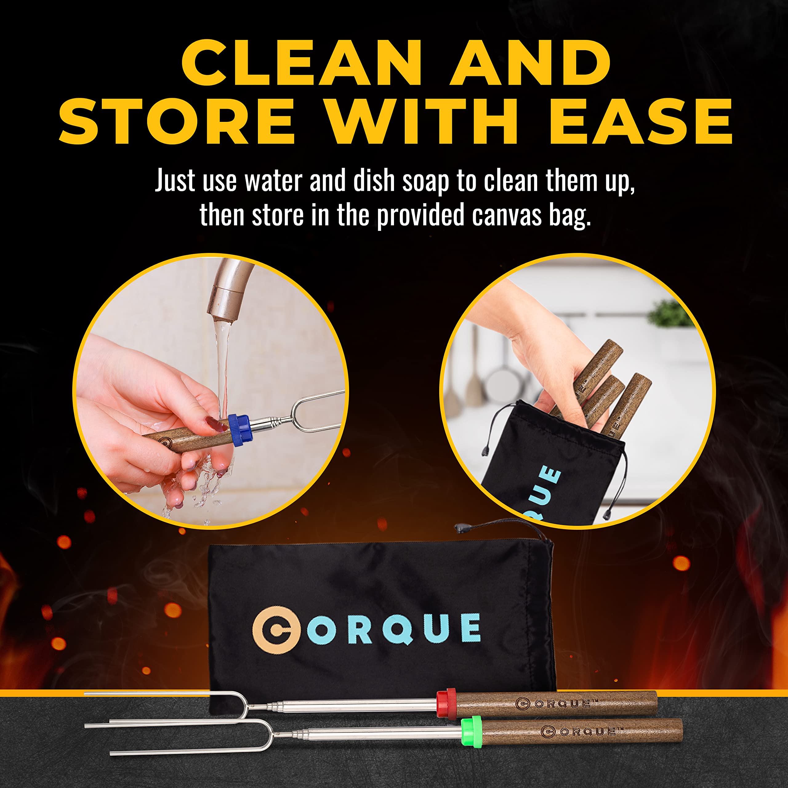 CORQUE safety-friendly marshmallow skewers with round tips protect curious hands.