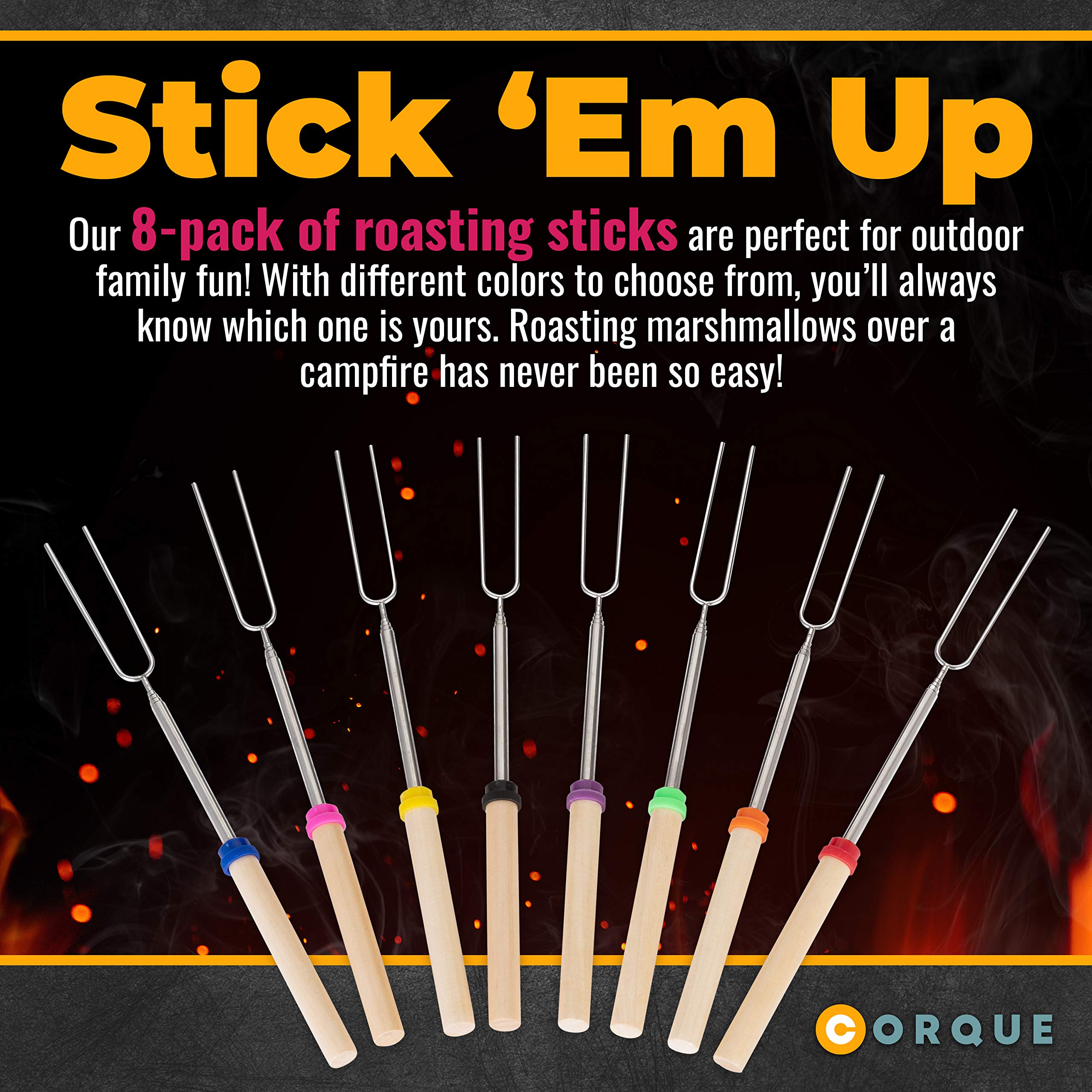 CORQUE smores skewers with wooden handle for comfortable campfire cooking