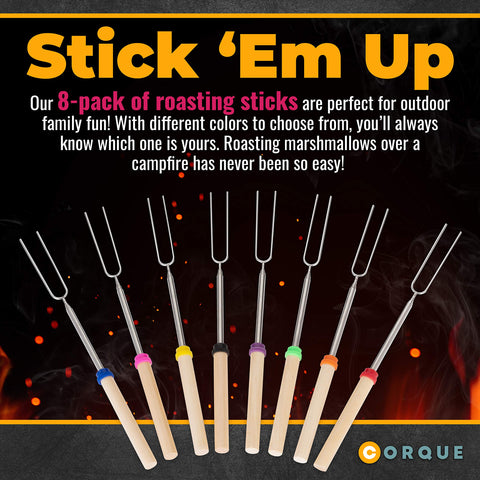 CORQUE smores skewers with wooden handle for comfortable campfire cooking