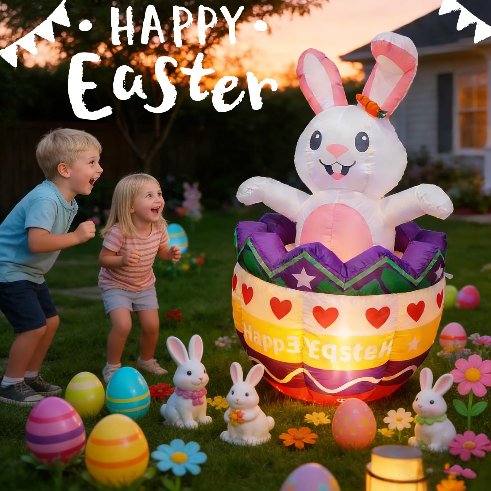 Cortile bunny rises from a colorful egg for yard display.