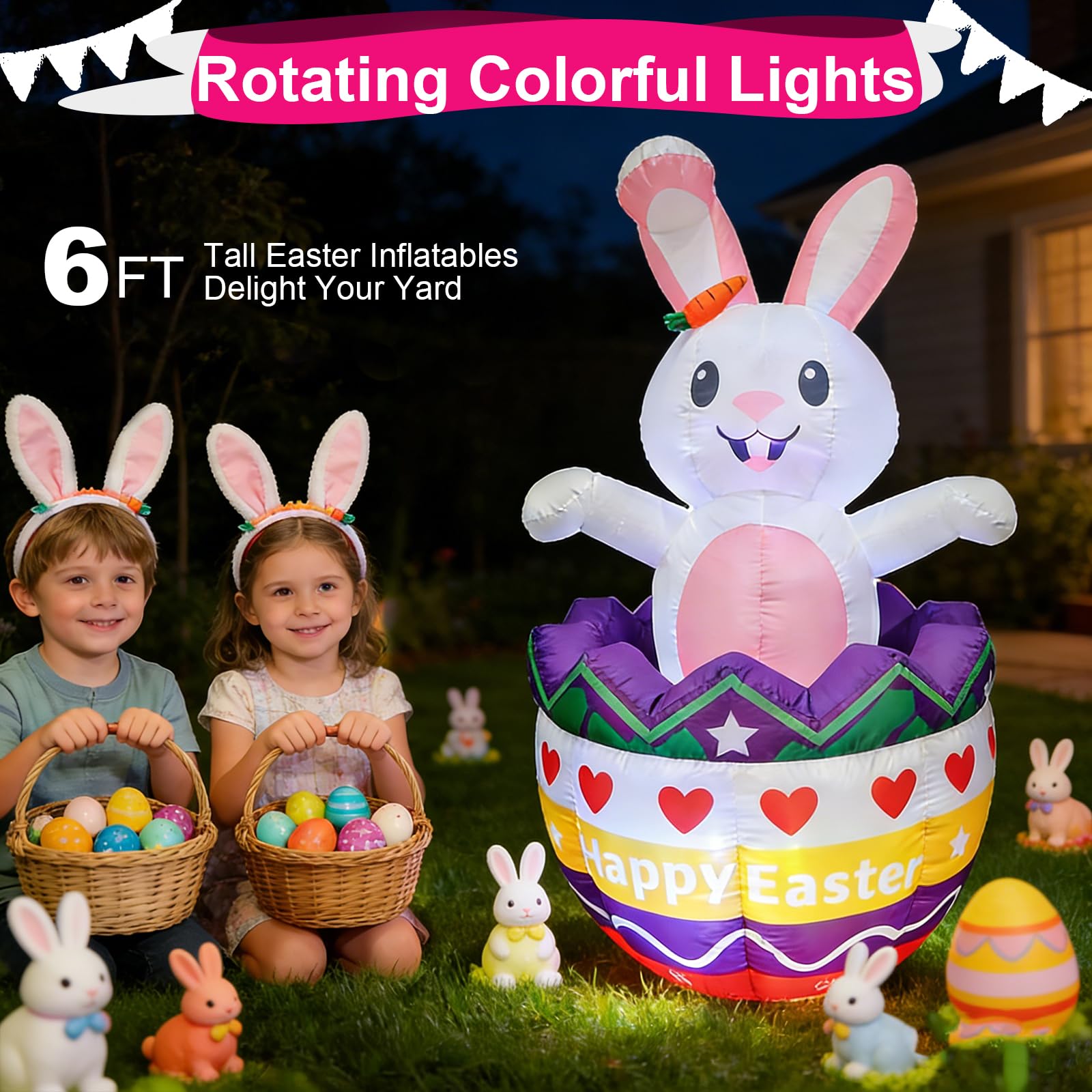 Cortile LED lights create night-time glow around the Easter bunny.