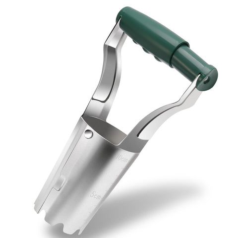 Corundara bulb planter tool with automatic soil release speeds bulb planting.