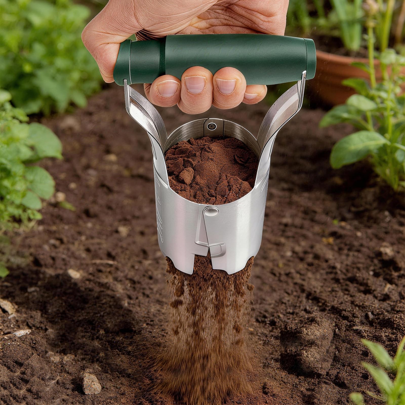Corundara bulb dibbler facilitates quick planting of daffodil and tulip bulbs.