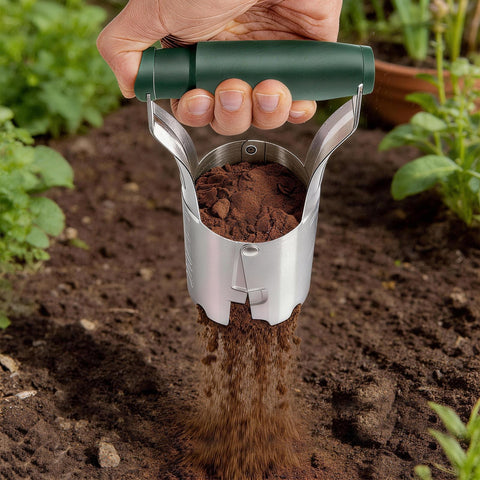 Corundara bulb dibbler facilitates quick planting of daffodil and tulip bulbs.