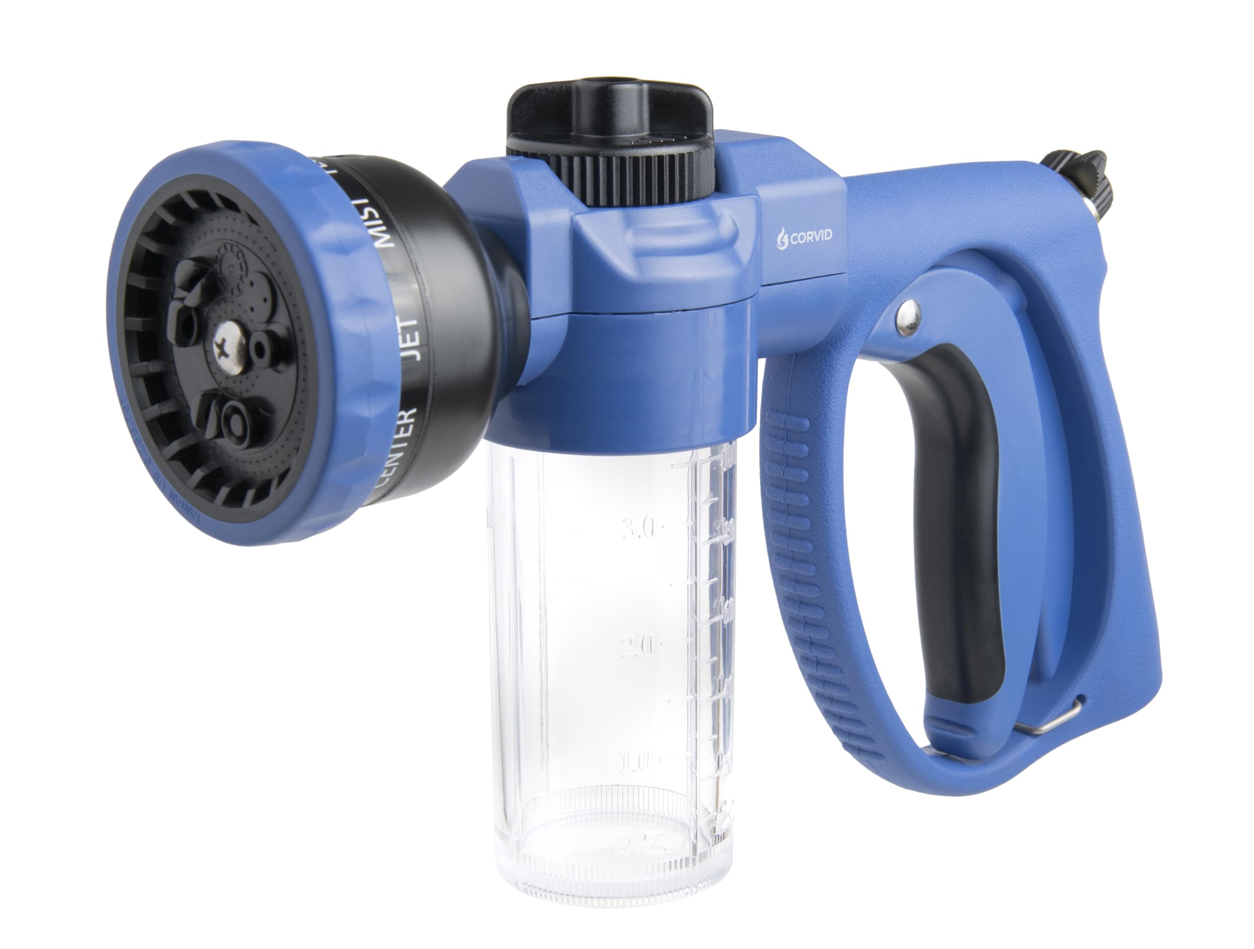 Corvid premium nozzle with soap dispenser, front view for efficient car washing.