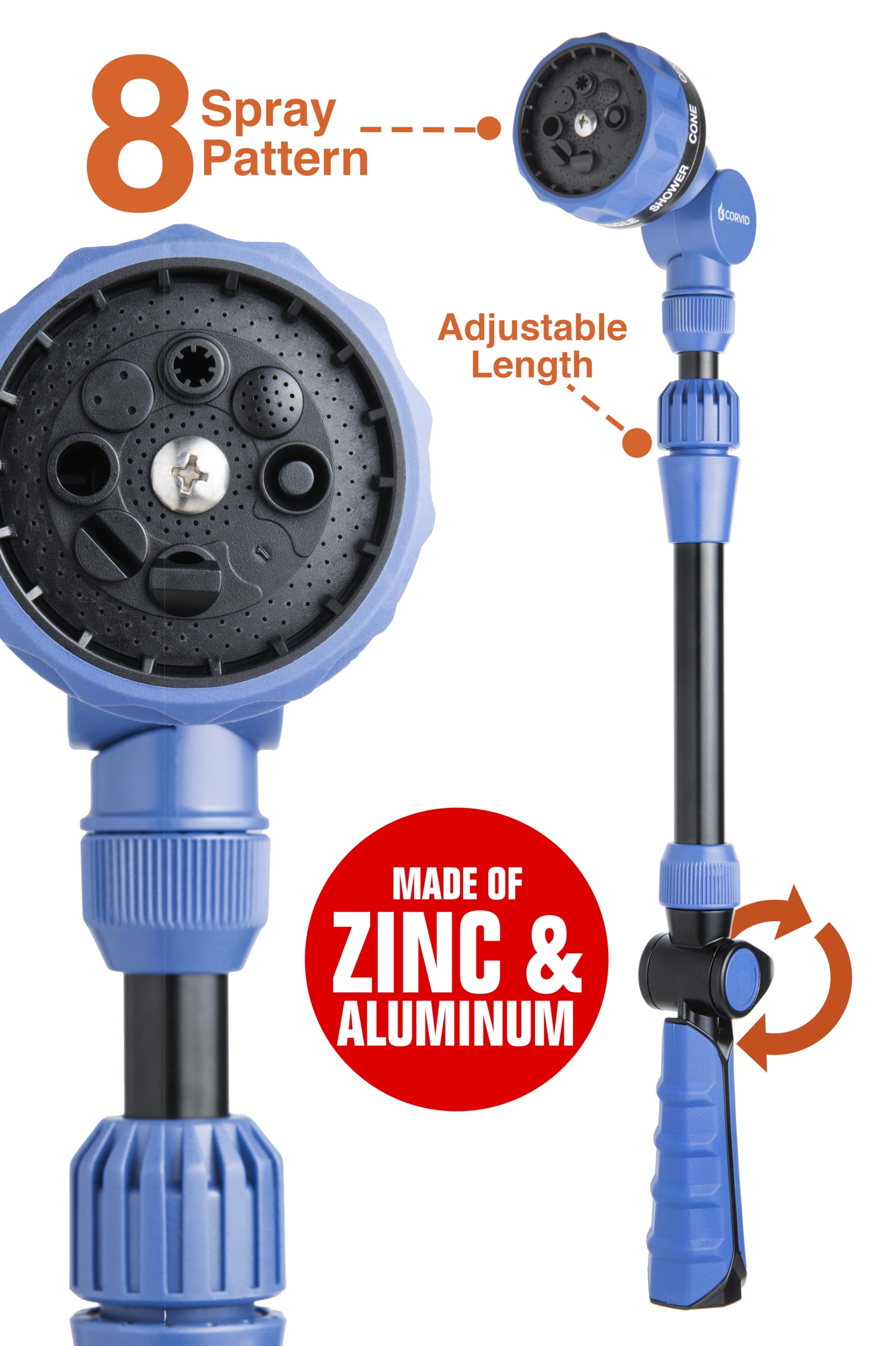 Corvid thumb-control on/off enables easy, controlled watering sessions.