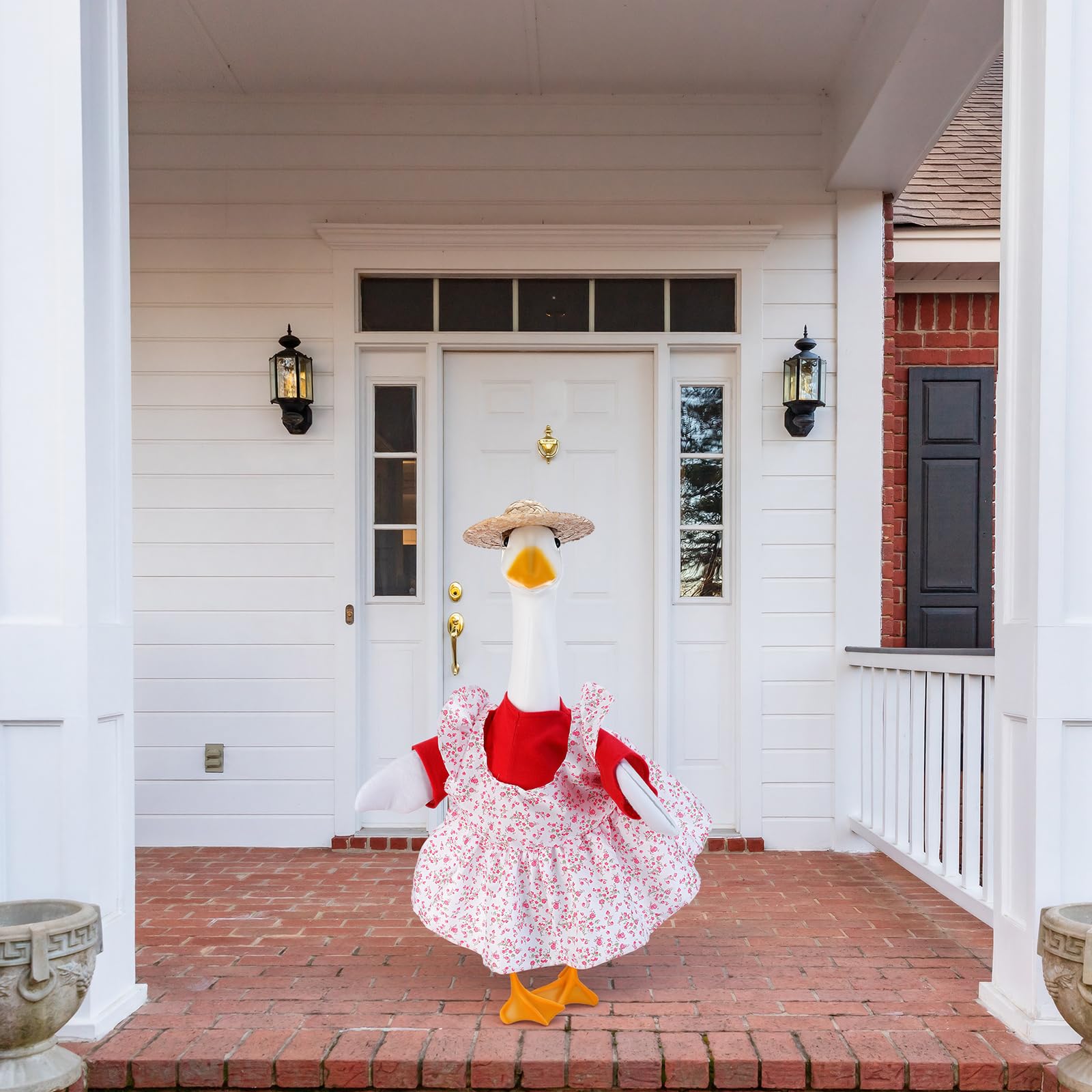 Cosblank Gardener Goose Outfit full ensemble displays a ready-for-garden look on statues.