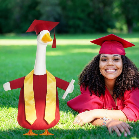 Cosblank outfit on cement goose creates a charming party backdrop.