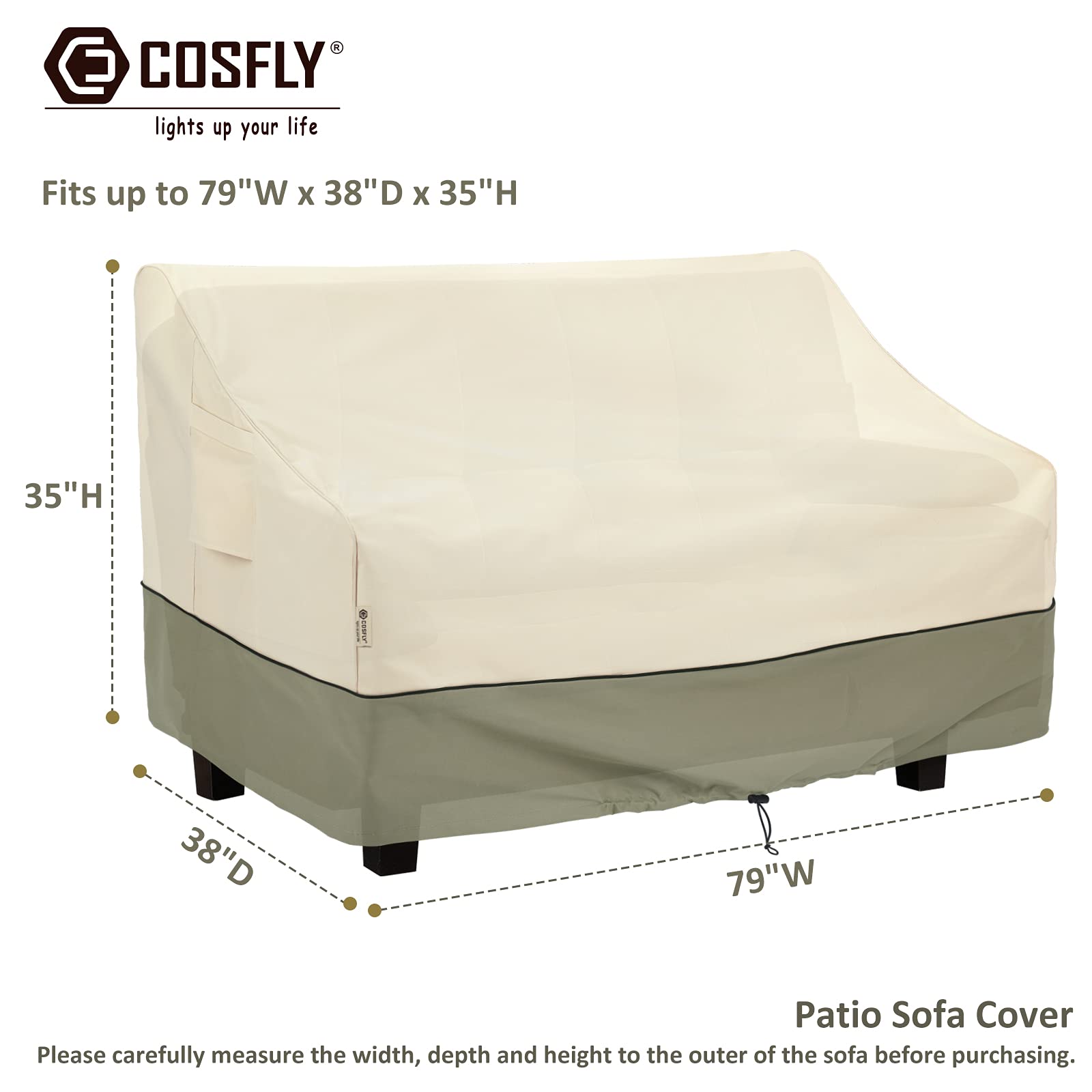 COSFLY 3-seater sofa cover provides snug, secure fit for windy days.
