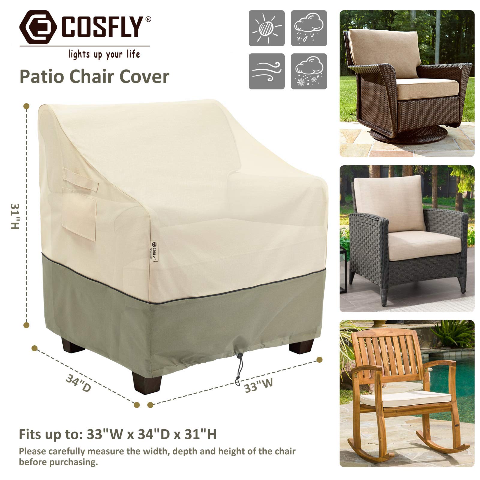 COSFLY chair cover fits up to 33W x 34D x 31H for a snug fit