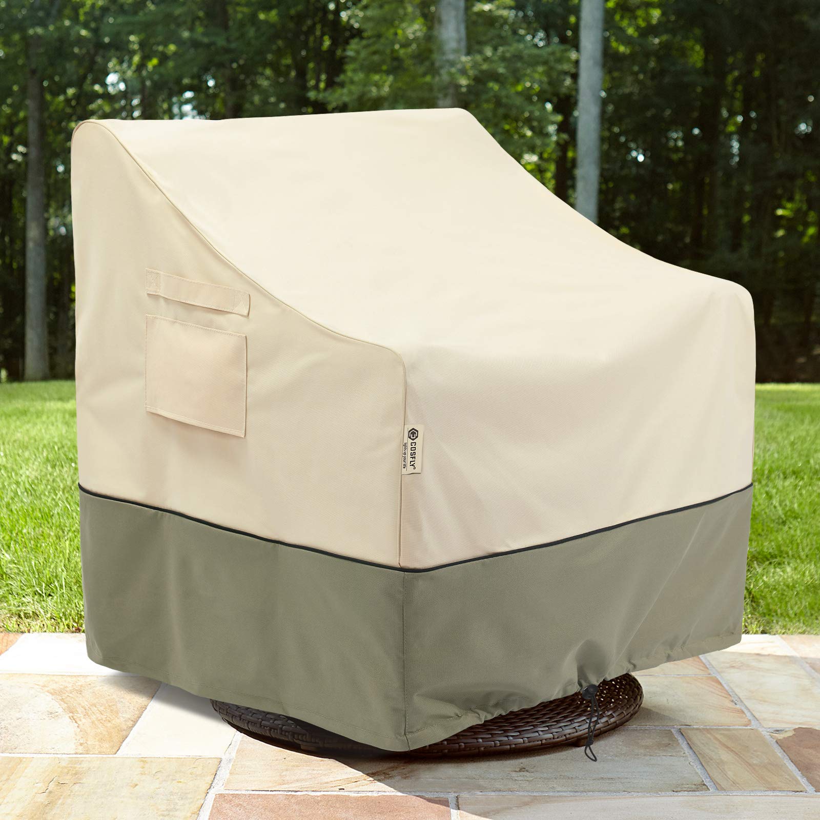 COSFLY cover shown on chair protecting seat from rain.
