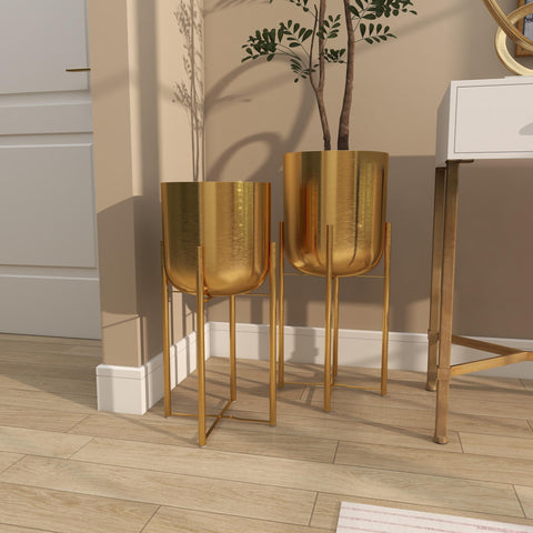 CosmoLiving gold dome planter used as a floor display in a foyer
