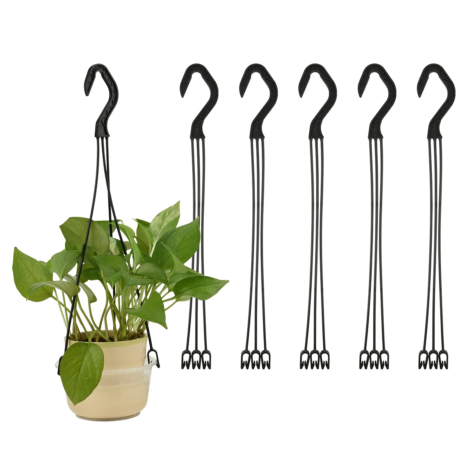 Cosmos plastic hanging basket hook six-pack for easy vertical storage.