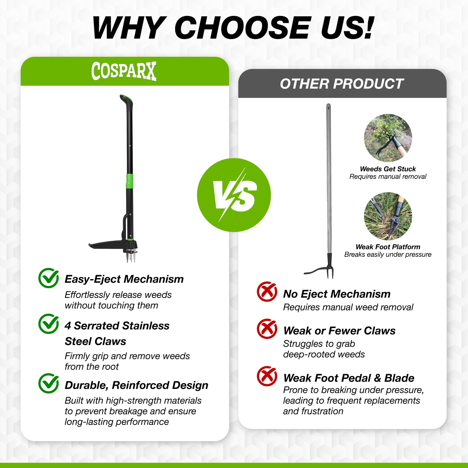 COSPARX weed puller aluminum pole resists rust and stays light for easy use.