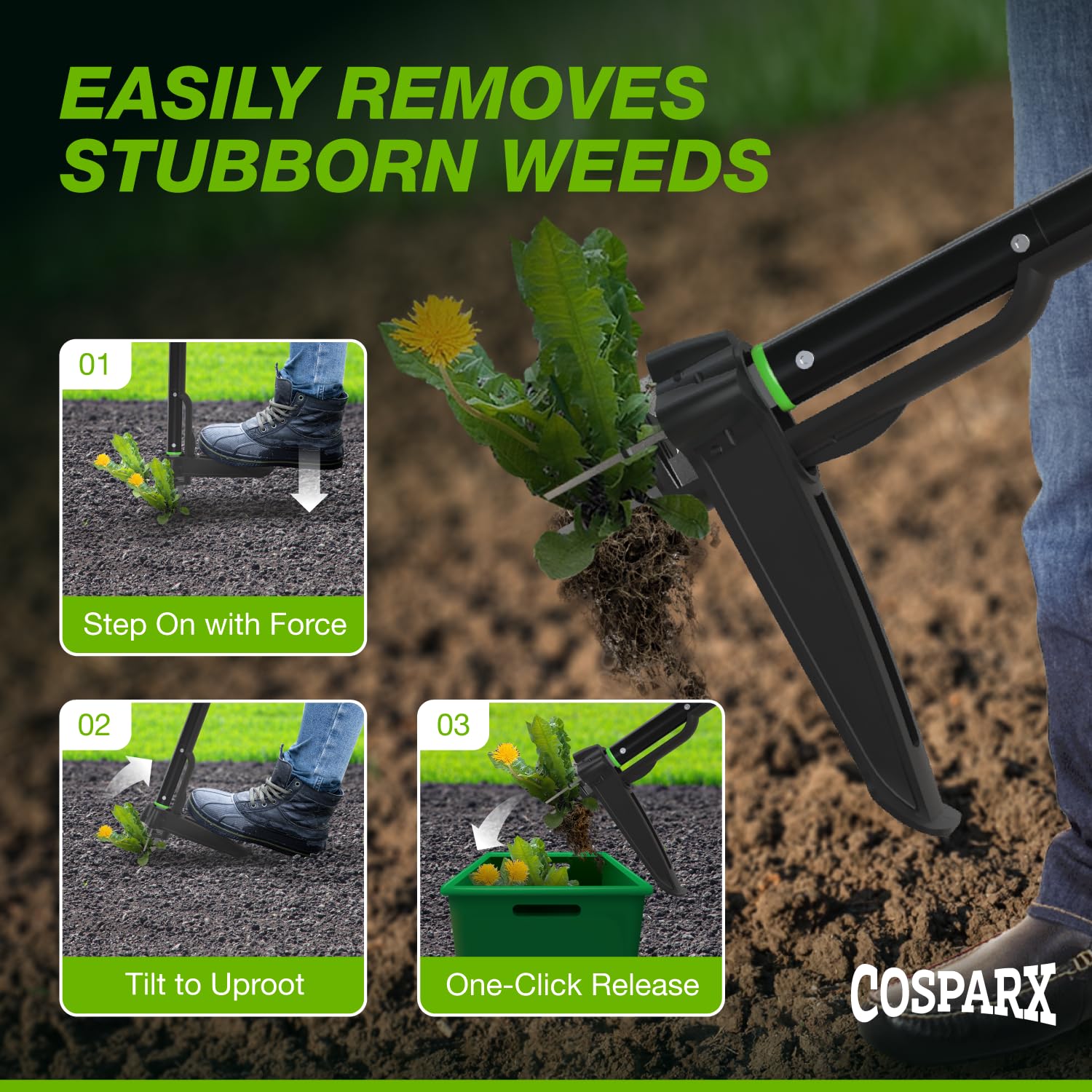 COSPARX weed puller easy eject action releases weeds instantly.
