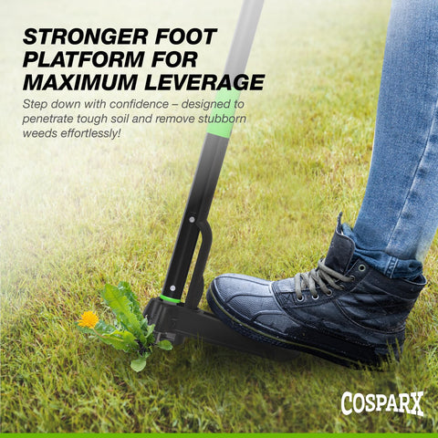 COSPARX weed puller reinforced foot pedal for better leverage during pulling.