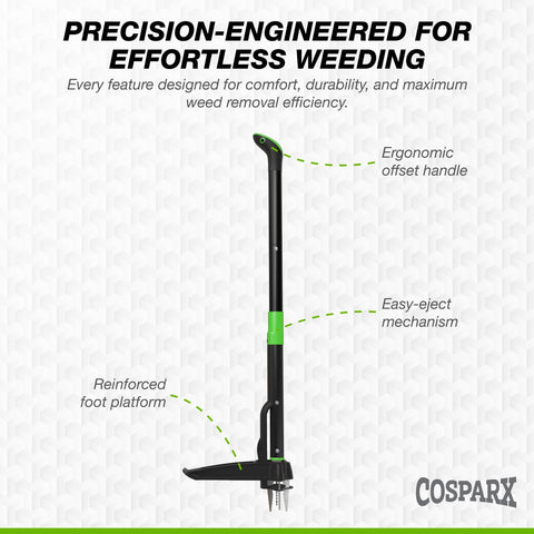 COSPARX weed puller in use in a garden bed to remove weeds efficiently.