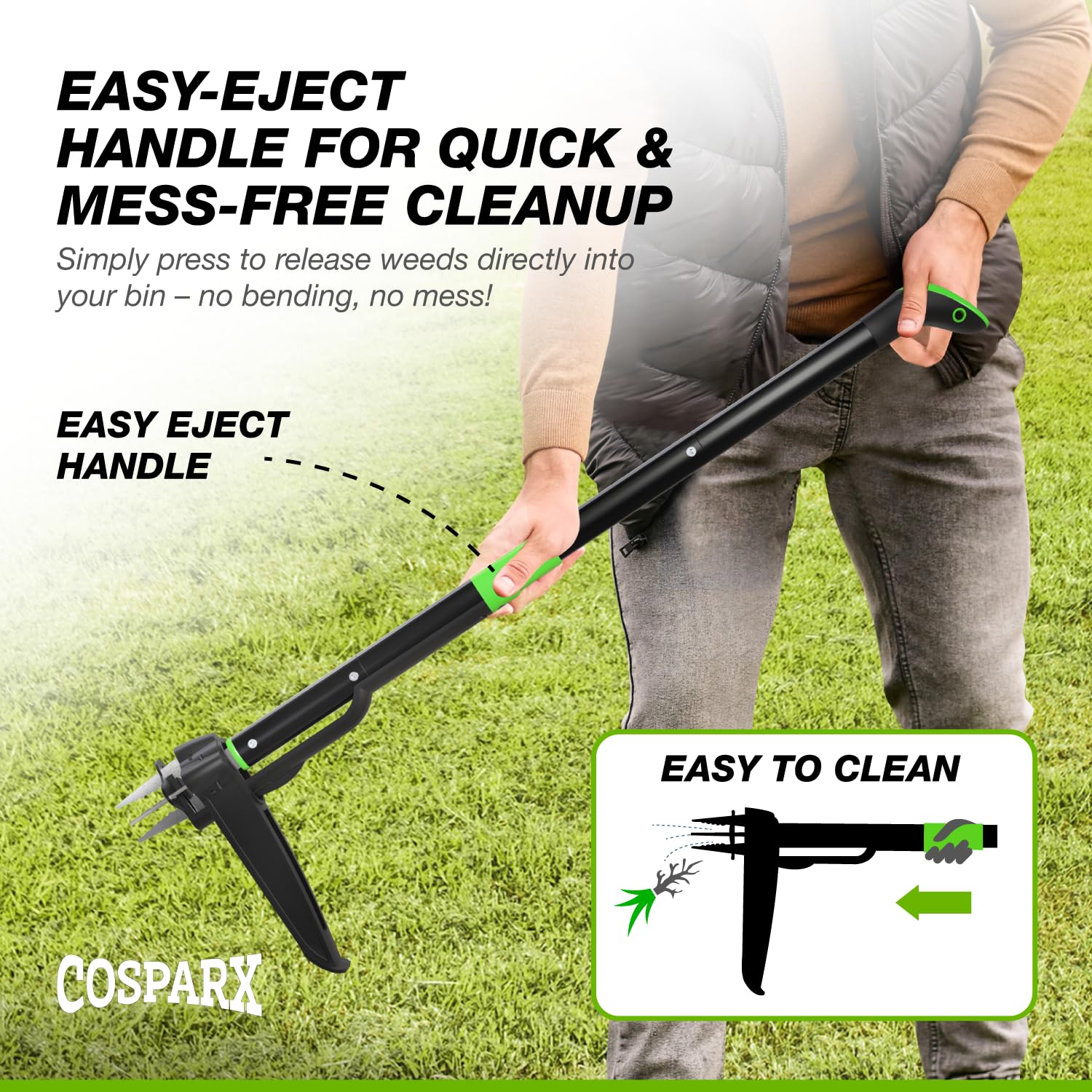 COSPARX weed puller with the long handle enabling standing weed removal.