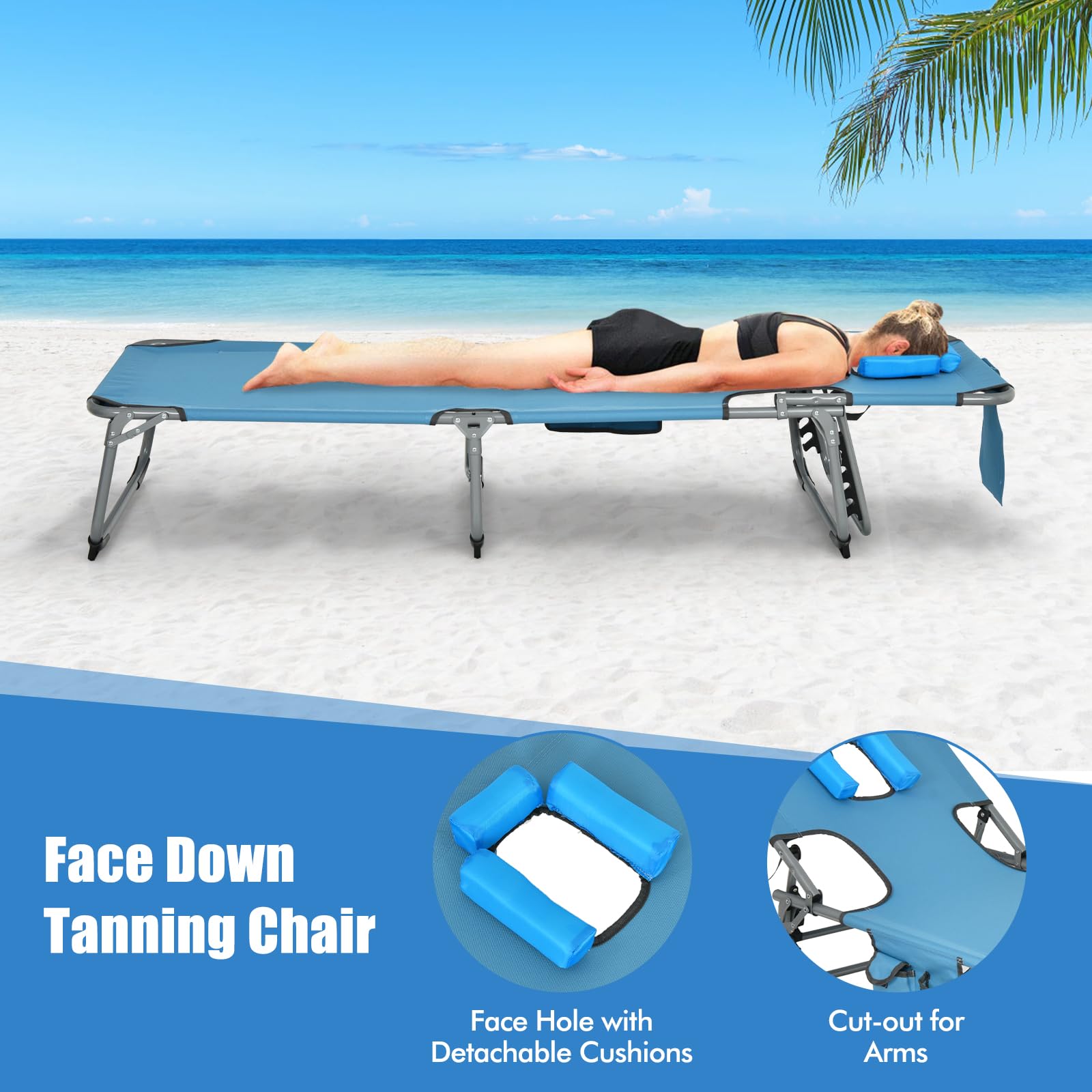 Costway lounge chair on the beach ready for sun and shade