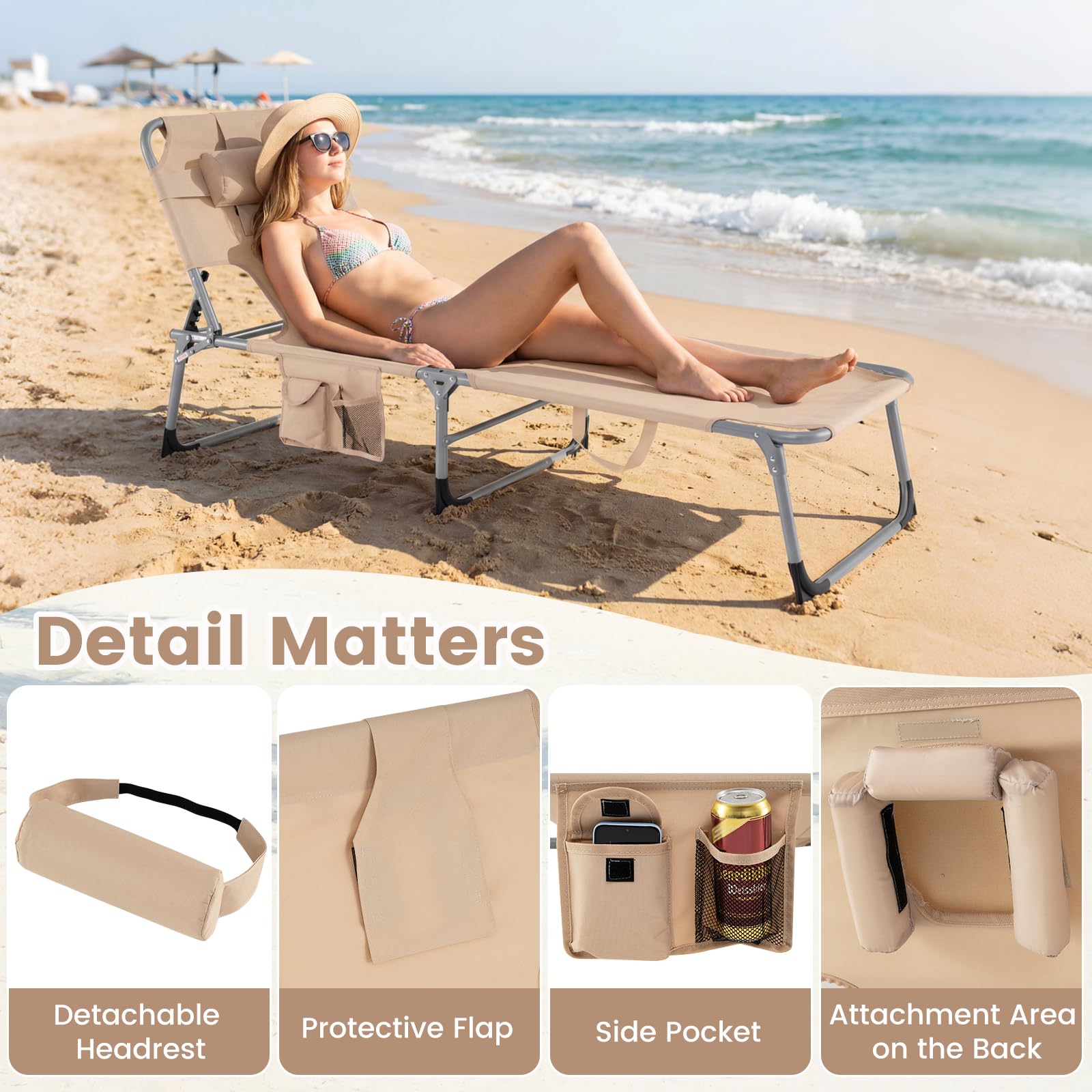 COSTWAY beige tanning chair blends with outdoor decor on patio and beach