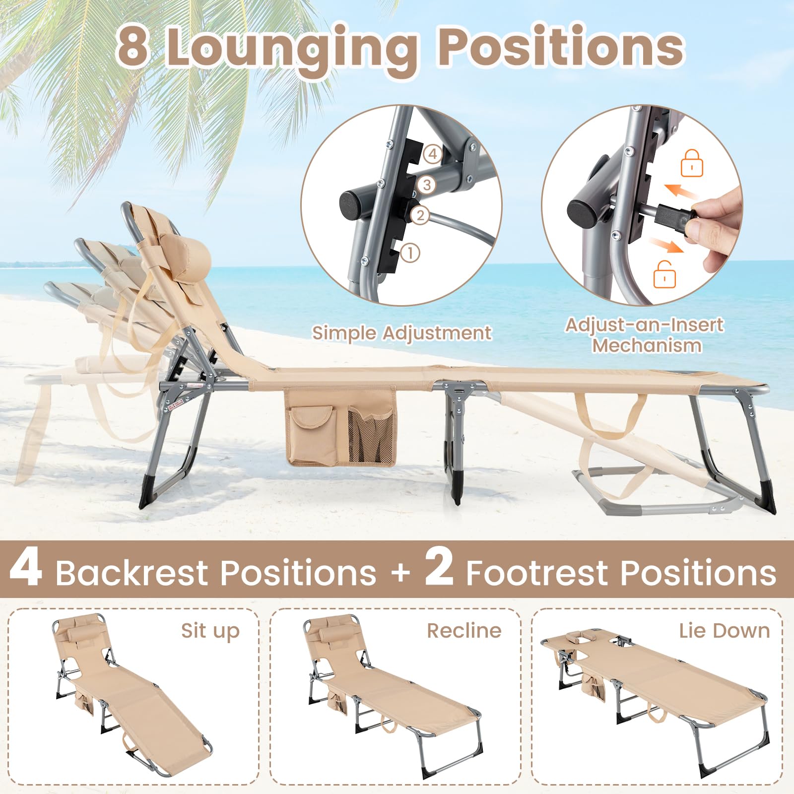 COSTWAY tanning chair is lightweight and easy to carry for trips