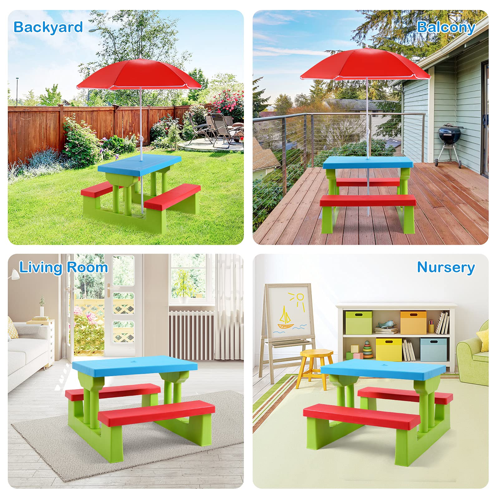 Costzon Kids Picnic Table removable umbrella for sun protection during outdoor sessions.